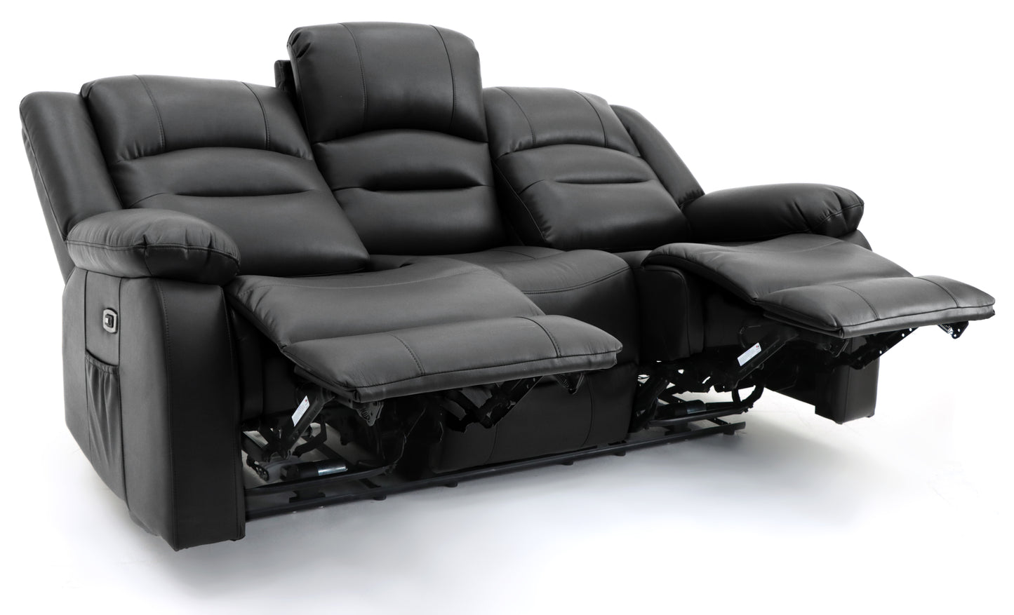 Alva black leather electric power reclining three seater with usb port and side pockets. both end seats recline. middle seat pulldown drinks holder