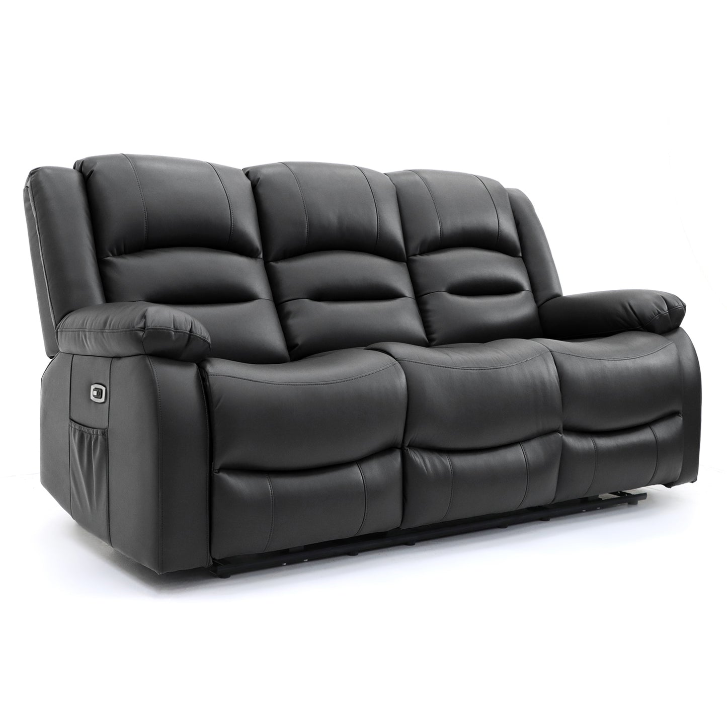 Alva black leather electric power reclining three seater with usb port and side pockets. both end seats recline. middle seat pulldown drinks holder