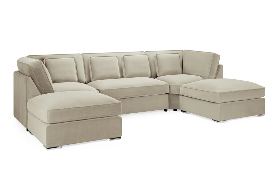 Belgravia U Shape Formal beige Sofa plush velvet fabric with two moveable footstools