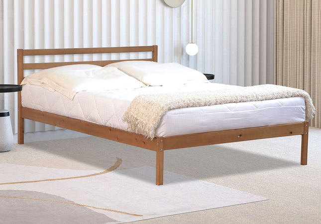 Double bed frame made of pine wood with a white mattress on it,