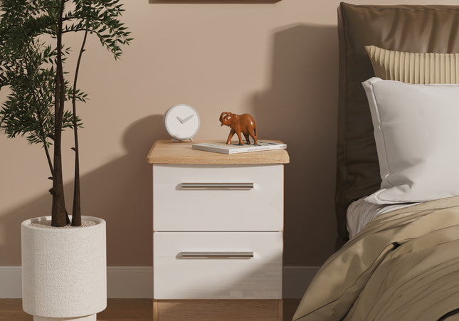 Knightsbridge 2 Drawer Bedside Cabinet in White Gloss & Bardolino Oak