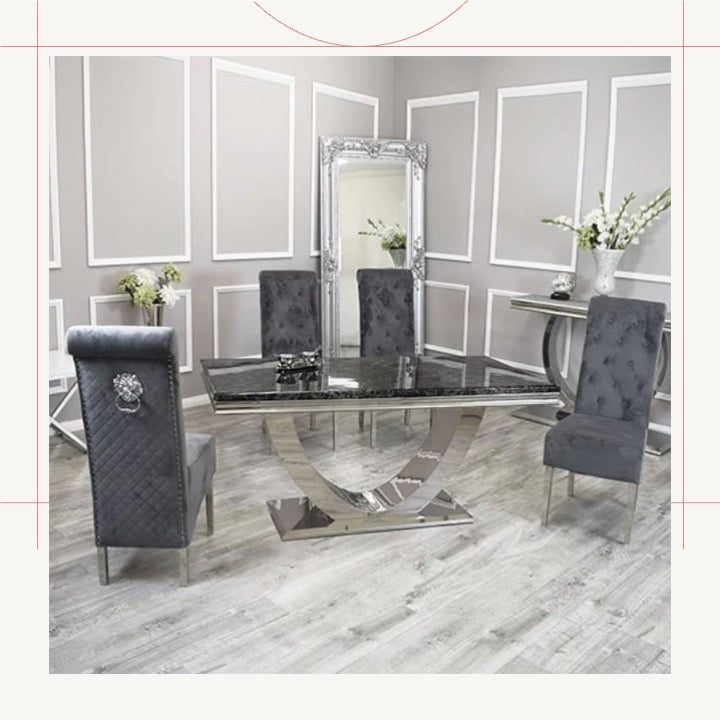 London 1.5m Black Marble Table With 4 Dark Grey Lucy Chairs