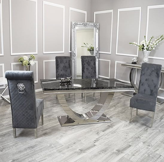London 1.5m Black Marble Table With 4 Dark Grey Lucy Chairs