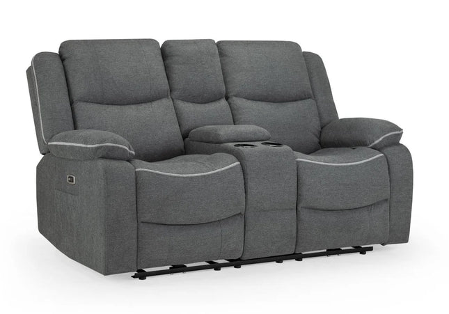 Harald Power Recliner 2 seater - Grey Fabric, cosy upholstery and large padded armrests for added comfort. Drinks holder and storage compartment, a USB- charging port, and a handy side pocket, perfect for storing remote control