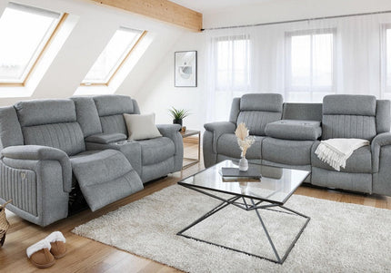 Lotus Power Recliner 3+2 Set - Grey Luxurious fabric, pillow-top armrests, and a smooth electric  recliner motion with plug outlets usb ports and drink holders 