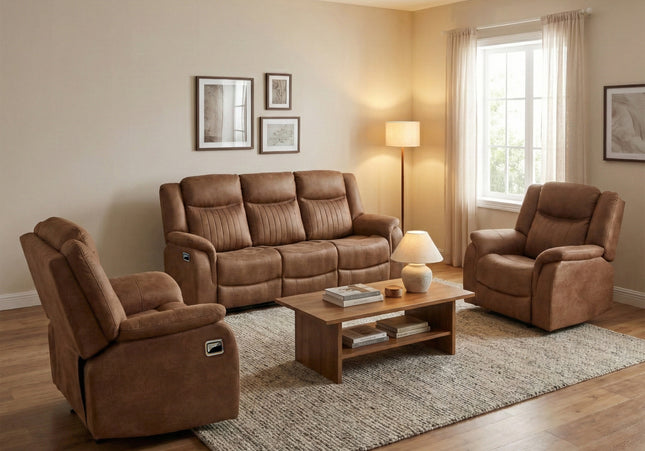 Darlington 3 Seater + Armchair + Armchair Manual Recliner Sofa Set – Tan