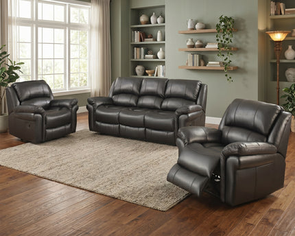 Farnham Leather Air 3 Seater + Armchair + Armchair Manual Recliner Sofa Set – Black
