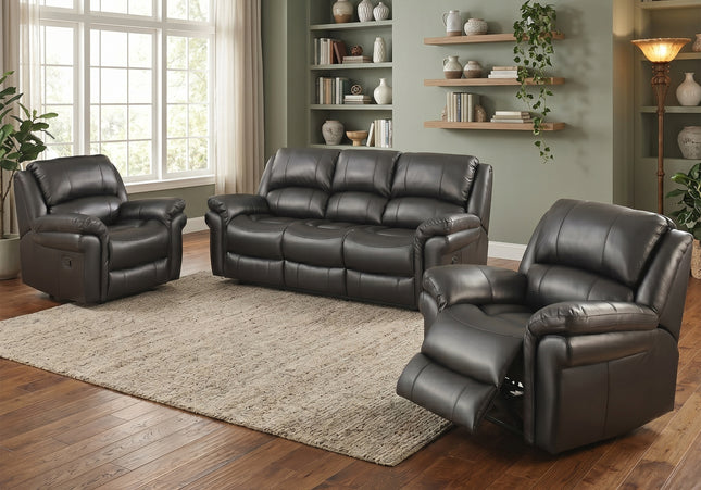 Farnham Leather Air 3 Seater + Armchair + Armchair Manual Recliner Sofa Set – Black
