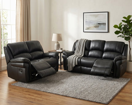 Farnham Leather Air 3 Seater + 2 Seater Manual Recliner Sofa Set – Black