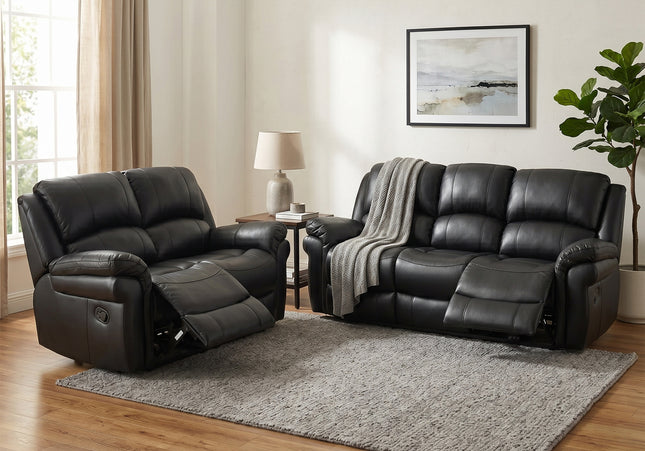 Farnham Leather Air 3 Seater + 2 Seater Manual Recliner Sofa Set – Black