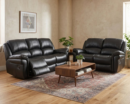 Farnham Leather Air 3 Seater + 2 Seater Manual Recliner Sofa Set – Black