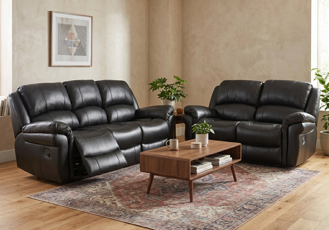 Farnham Leather Air 3 Seater + 2 Seater Manual Recliner Sofa Set – Black