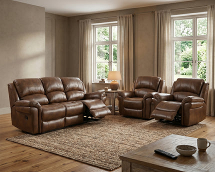 Farnham Leather Air 3 Seater + Armchair + Armchair Manual Recliner Sofa Set – Tan