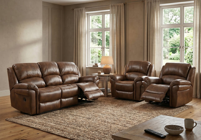 Farnham Leather Air 3 Seater + Armchair + Armchair Manual Recliner Sofa Set – Tan