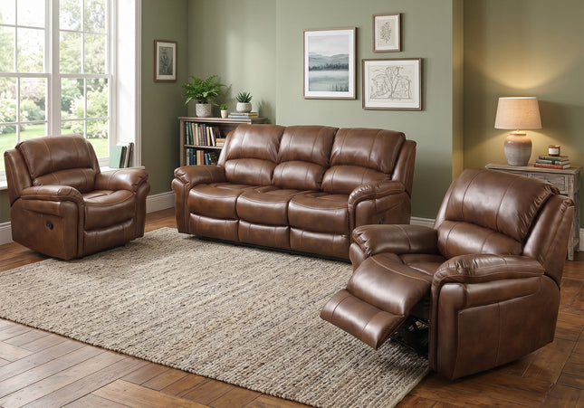 Farnham Leather Air 3 Seater + Armchair + Armchair Manual Recliner Sofa Set – Tan