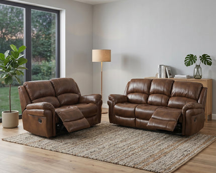 Farnham Leather Air 3 Seater + 2 Seater Manual Recliner Sofa Set – Tan