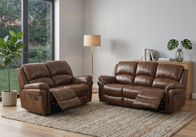Farnham Leather Air 3 Seater + 2 Seater Manual Recliner Sofa Set – Tan