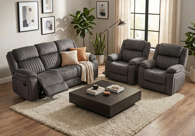 Morgan 3 Seater + Armchair + Armchair Manual Recliner Sofa Set – Iron Grey