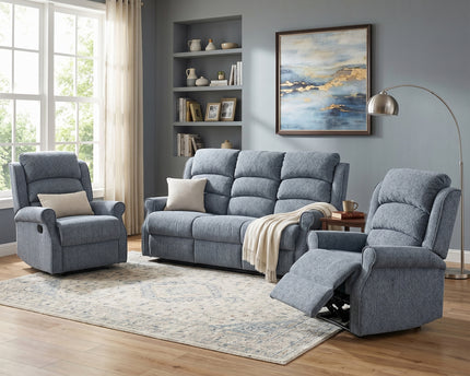 Windsor 3 Seater + Armchair + Armchair Manual Recliner Sofa Set – Steel Blue