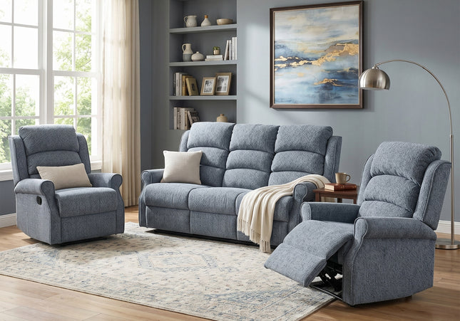 Windsor 3 Seater + Armchair + Armchair Manual Recliner Sofa Set – Steel Blue
