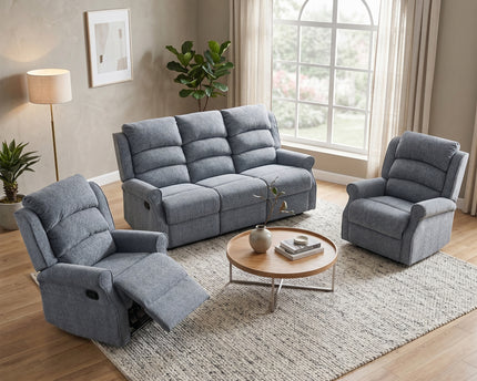Windsor 3 Seater + Armchair + Armchair Manual Recliner Sofa Set – Steel Blue