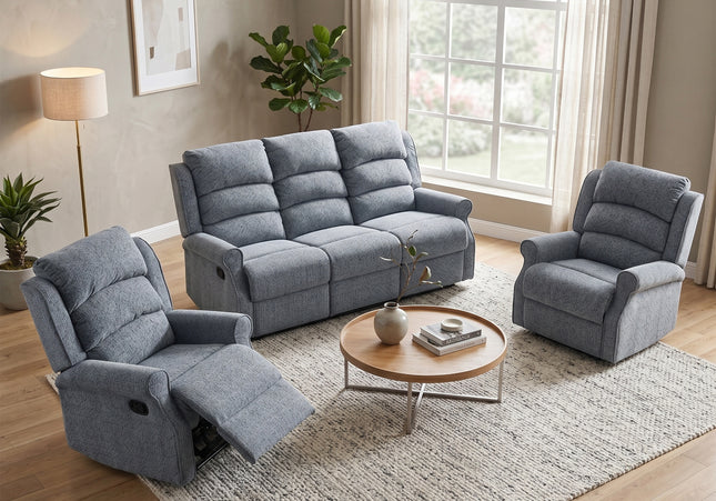 Windsor 3 Seater + Armchair + Armchair Manual Recliner Sofa Set – Steel Blue