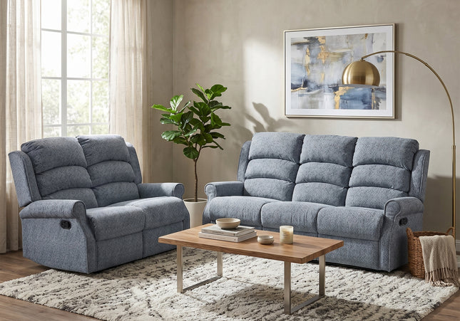 Windsor 3 Seater + 2 Seater Manual Recliner Sofa Set – Steel Blue