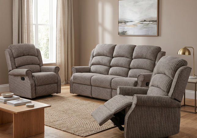Windsor 3 Seater + Armchair + Armchair Manual Recliner Sofa Set – Latte