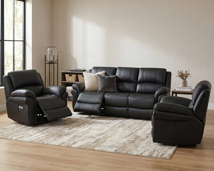 Farnham Ultra 3 Seater + Armchair + Armchair Fabric Power Recliner Sofa Set – Black