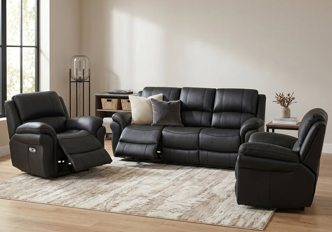 Farnham Ultra 3 Seater + Armchair + Armchair Fabric Power Recliner Sofa Set – Black