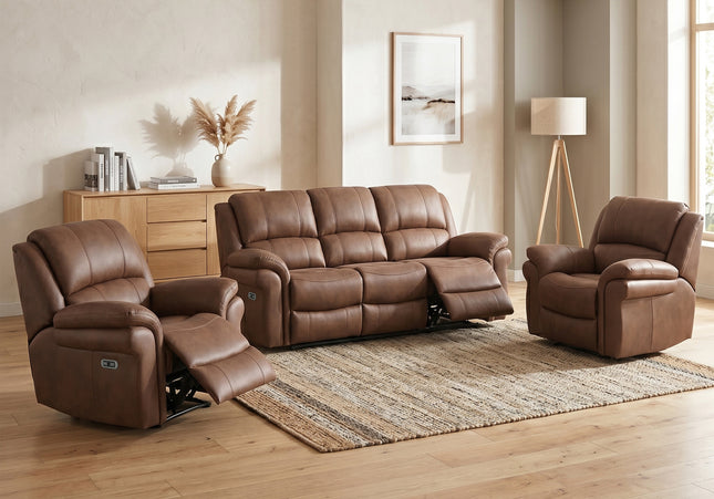 Farnham Ultra 3 Seater + Armchair + Armchair Fabric Power Recliner Sofa Set – Tan