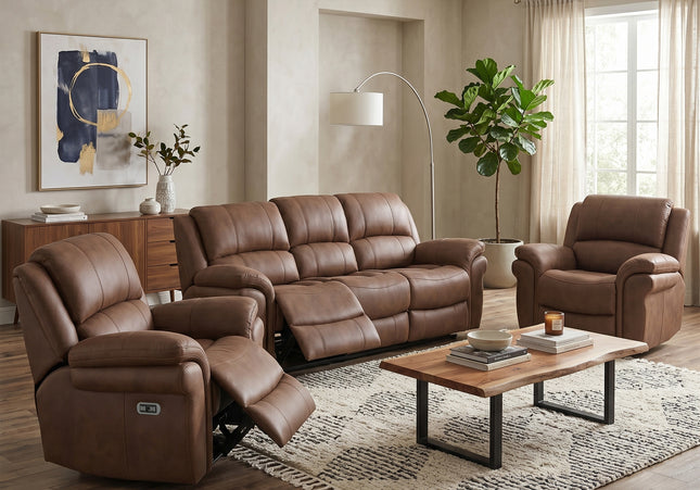Farnham Ultra 3 Seater + Armchair + Armchair Fabric Power Recliner Sofa Set – Tan