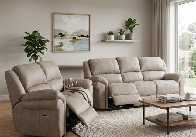 Farnham Ultra 3 Seater + 2 Seater Fabric Power Recliner Sofa Set  – Stone