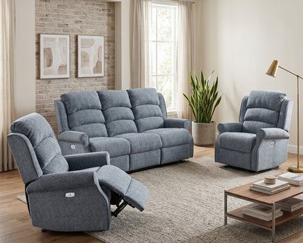 Windsor 3 Seater + Armchair + Armchair Fabric Electric Recliner Sofa Set – Steel Blue