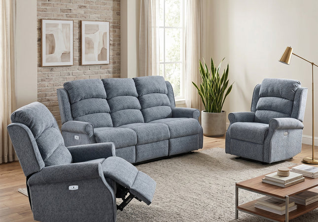 Windsor 3 Seater + Armchair + Armchair Fabric Electric Recliner Sofa Set – Steel Blue
