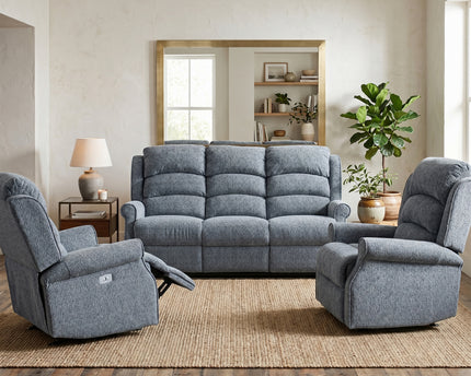 Windsor 3 Seater + Armchair + Armchair Fabric Electric Recliner Sofa Set – Steel Blue