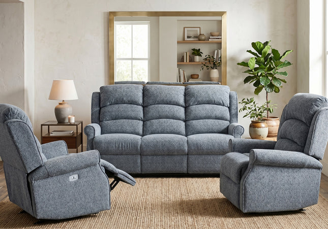 Windsor 3 Seater + Armchair + Armchair Fabric Electric Recliner Sofa Set – Steel Blue