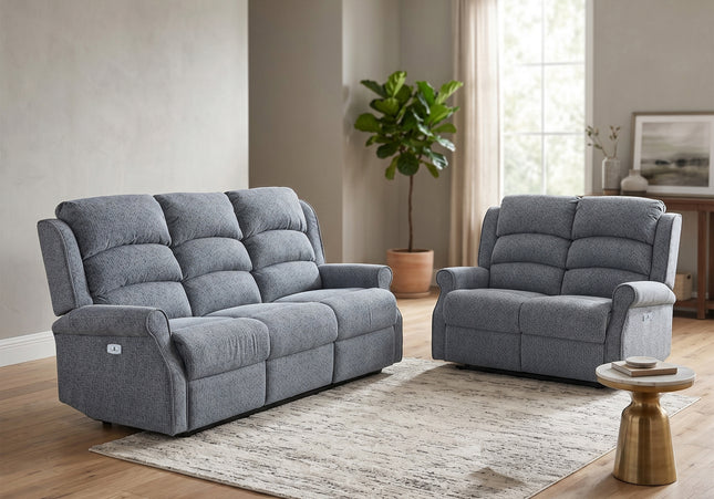 Windsor 3 Seater + 2 Seater Fabric Electric Recliner Sofa Set – Steel Blue