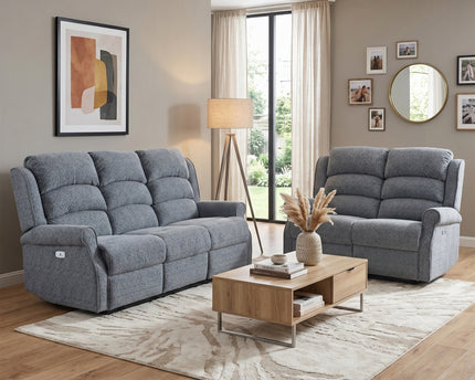 Windsor 3 Seater + 2 Seater Fabric Electric Recliner Sofa Set – Steel Blue