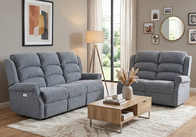 Windsor 3 Seater + 2 Seater Fabric Electric Recliner Sofa Set – Steel Blue