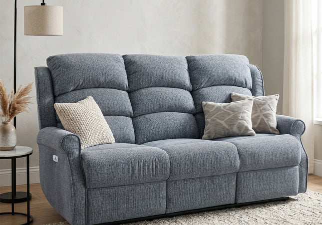 Windsor 3 Seater + Armchair + Armchair Fabric Electric Recliner Sofa Set – Steel Blue
