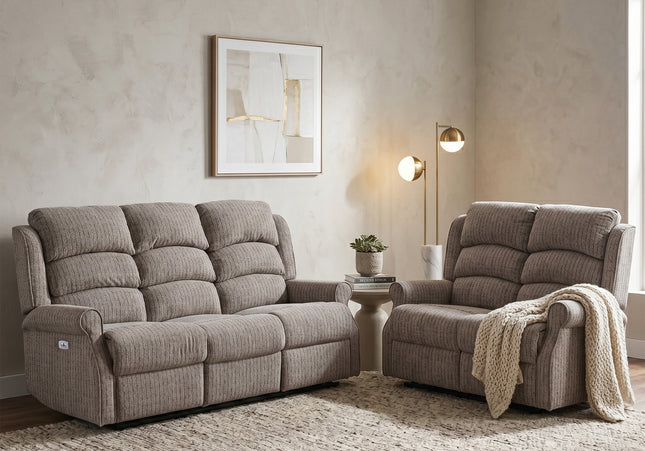Windsor 3 Seater + 2 Seater Fabric Electric Recliner Sofa Set – Natural
