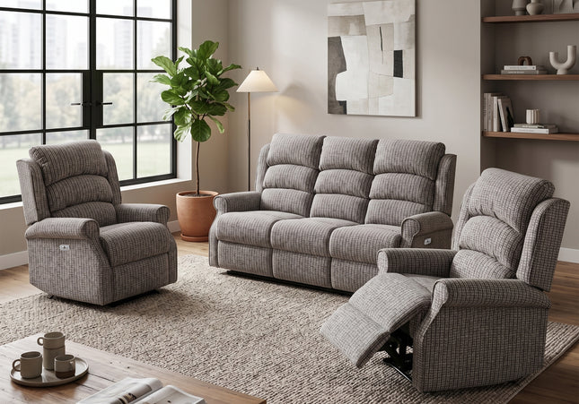 Windsor 3 Seater + Armchair + Armchair Fabric Electric Recliner Sofa Set – Latte