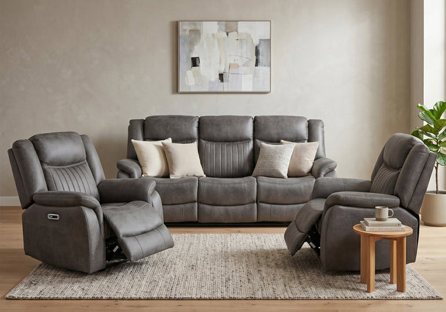 Darlington 3 Seater + Armchair + Armchair Fabric Power Recliner Sofa Set – Grey