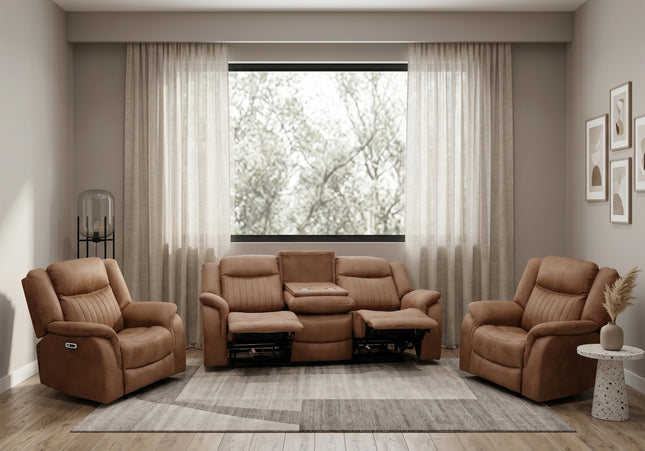 Darlington 3 Seater + Armchair + Armchair Fabric Power Recliner Sofa Set – Tan