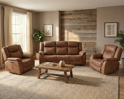 Darlington 3 Seater + Armchair + Armchair Fabric Power Recliner Sofa Set – Tan