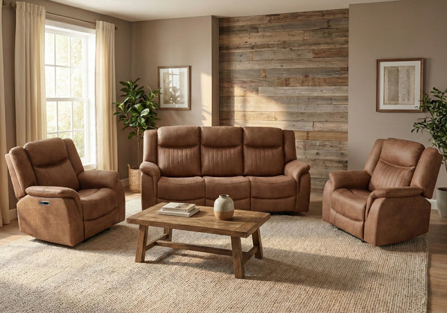 Darlington 3 Seater + Armchair + Armchair Fabric Power Recliner Sofa Set – Tan