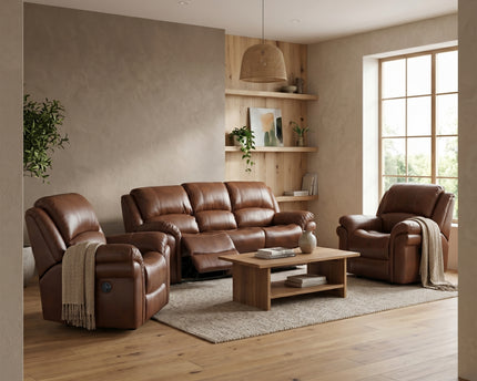 Farnham Leather Air 3 Seater + Armchair + Armchair Power Recliner Sofa Set – Tan