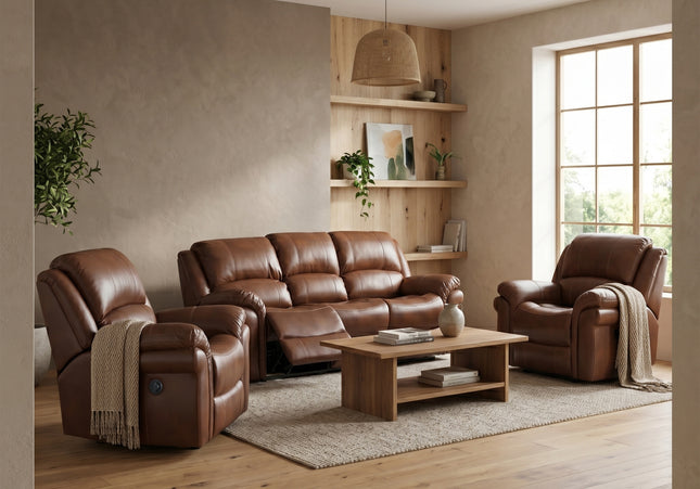 Farnham Leather Air 3 Seater + Armchair + Armchair Power Recliner Sofa Set – Tan