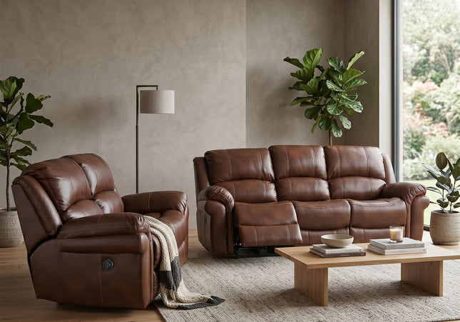 Farnham Leather Air 3 Seater + 2 Seater Power Recliner Sofa Set – Tan